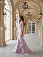 Lilac Matte Satin Mermaid Cowl Neck Backless Floor-Length Bridesmaid Dress - Curvevia