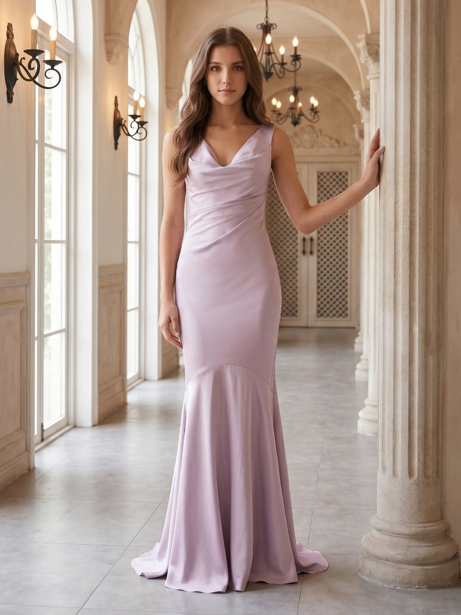 Lilac Matte Satin Mermaid Cowl Neck Backless Floor-Length Bridesmaid Dress - Curvevia