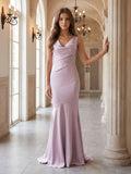 Lilac Matte Satin Mermaid Cowl Neck Backless Floor-Length Bridesmaid Dress - Curvevia