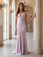 Lilac Matte Satin Mermaid Cowl Neck Backless Floor-Length Bridesmaid Dress - Curvevia