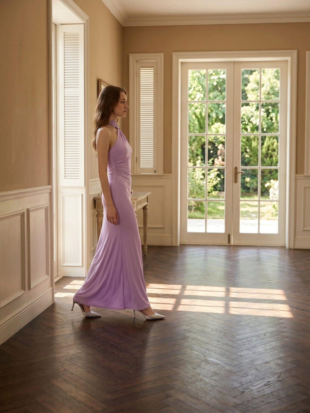 Lilac Matte Satin Mermaid Halter Neckline Backless Floor-Length Bridesmaid Dress with Bow - Curvevia