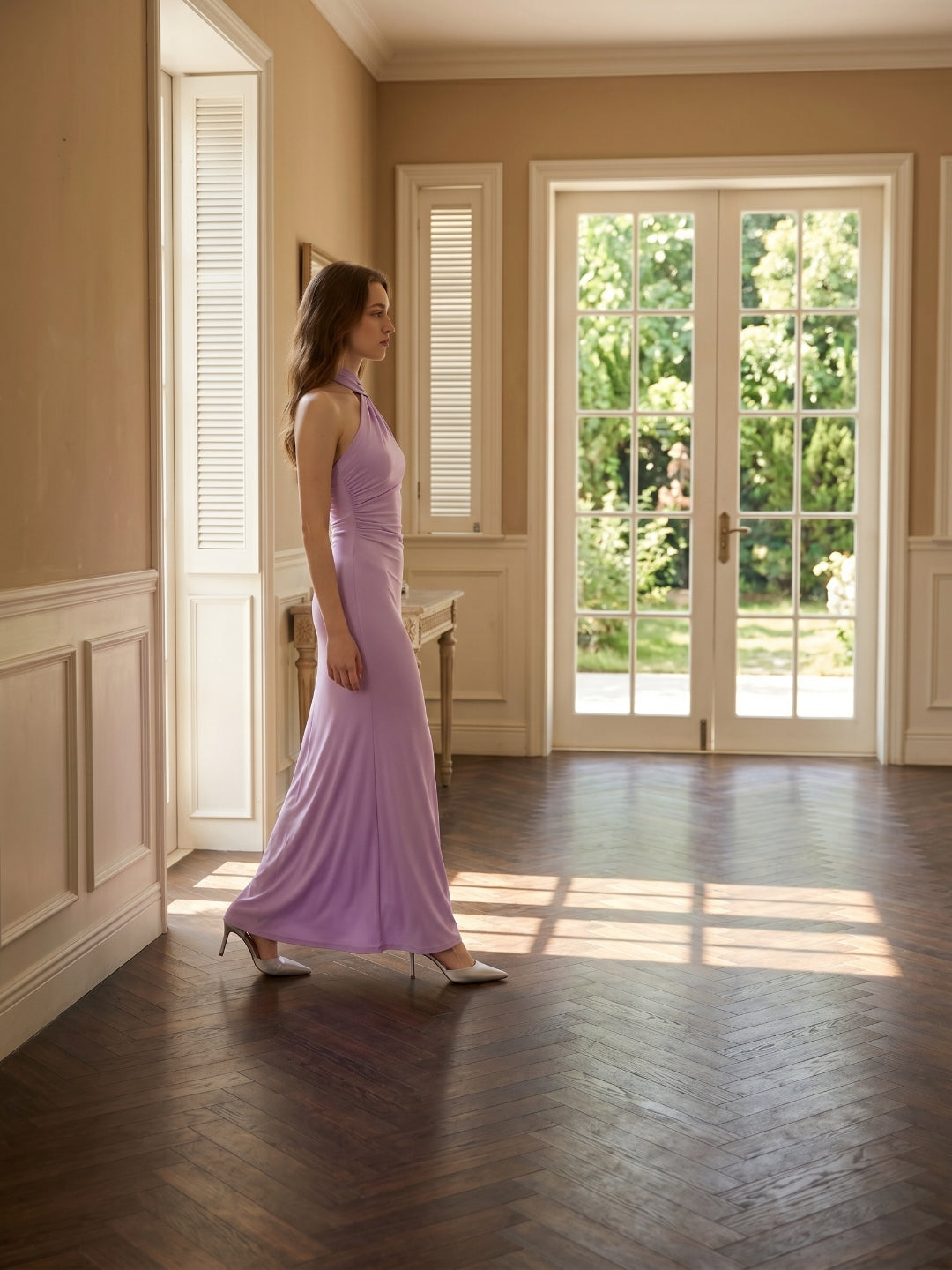 Lilac Matte Satin Mermaid Halter Neckline Backless Floor-Length Bridesmaid Dress with Bow - Curvevia