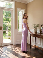 Lilac Matte Satin Mermaid Halter Neckline Backless Floor-Length Bridesmaid Dress with Bow - Curvevia