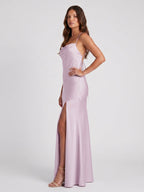 Lilac Matte Satin Trumpet Straight Neck Backless Ankle-Length Bridesmaid Dress - Curvevia