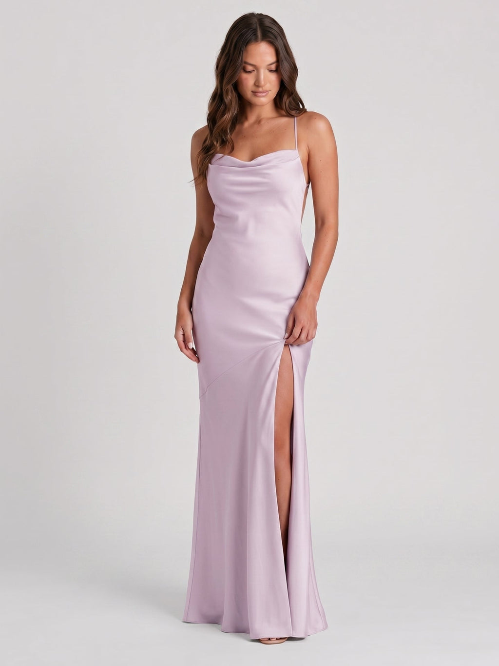 Lilac Matte Satin Trumpet Straight Neck Backless Ankle-Length Bridesmaid Dress - Curvevia