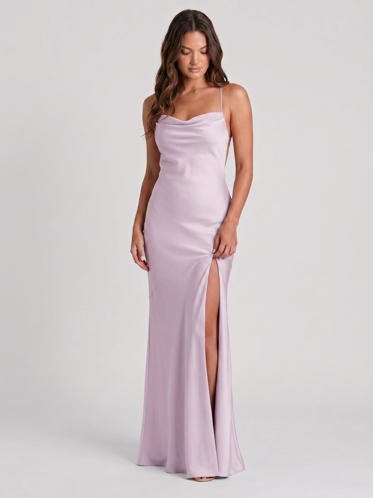 Lilac Matte Satin Trumpet Straight Neck Backless Ankle-Length Bridesmaid Dress - Curvevia