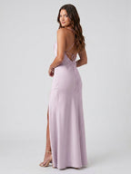 Lilac Matte Satin Trumpet Straight Neck Backless Ankle-Length Bridesmaid Dress - Curvevia