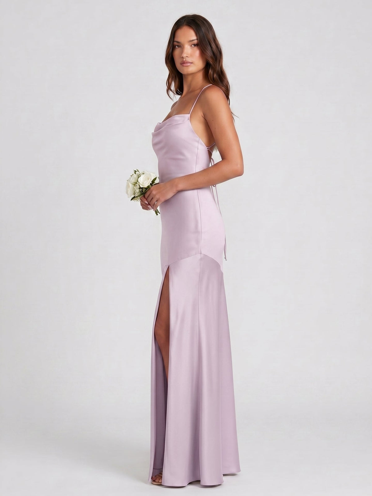 Lilac Matte Satin Trumpet Straight Neck Backless Ankle-Length Bridesmaid Dress - Curvevia