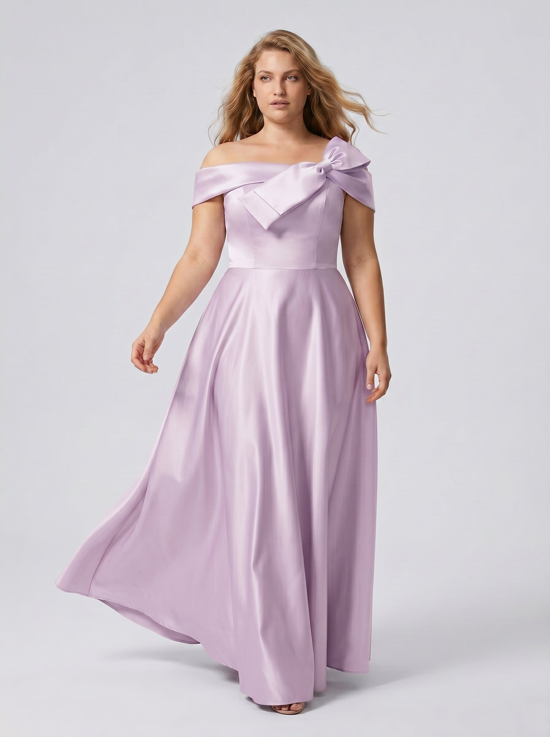 Lilac Satin A-Line Off-the-Shoulder Back Zip Floor-Length Plus Size Bridesmaid Dress - Curvevia
