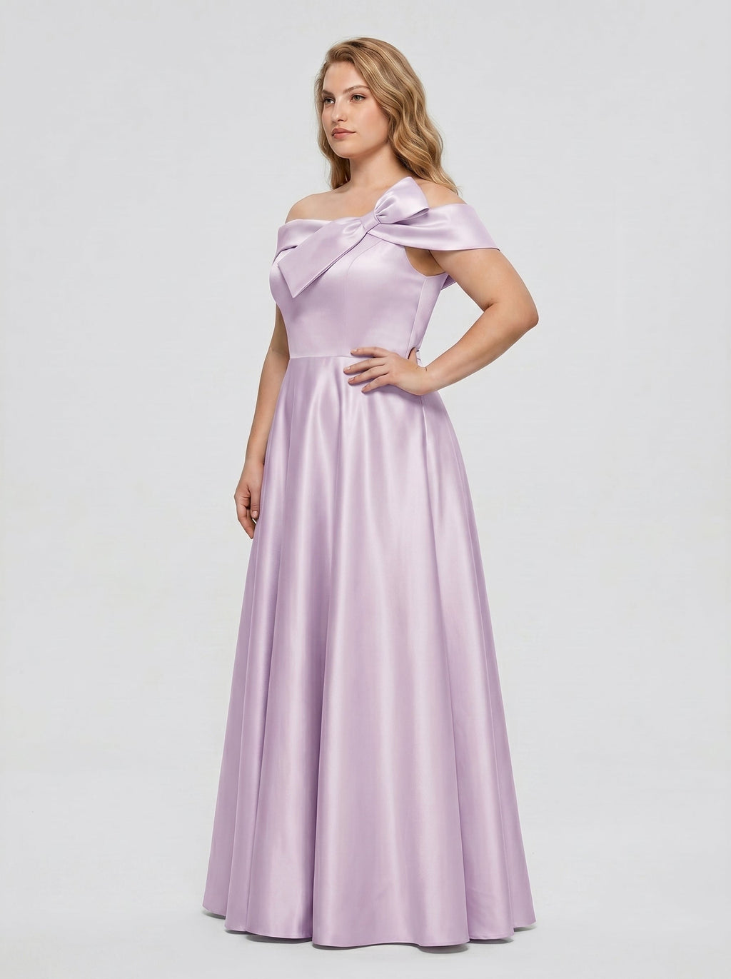 Lilac Satin A-Line Off-the-Shoulder Back Zip Floor-Length Plus Size Bridesmaid Dress - Curvevia