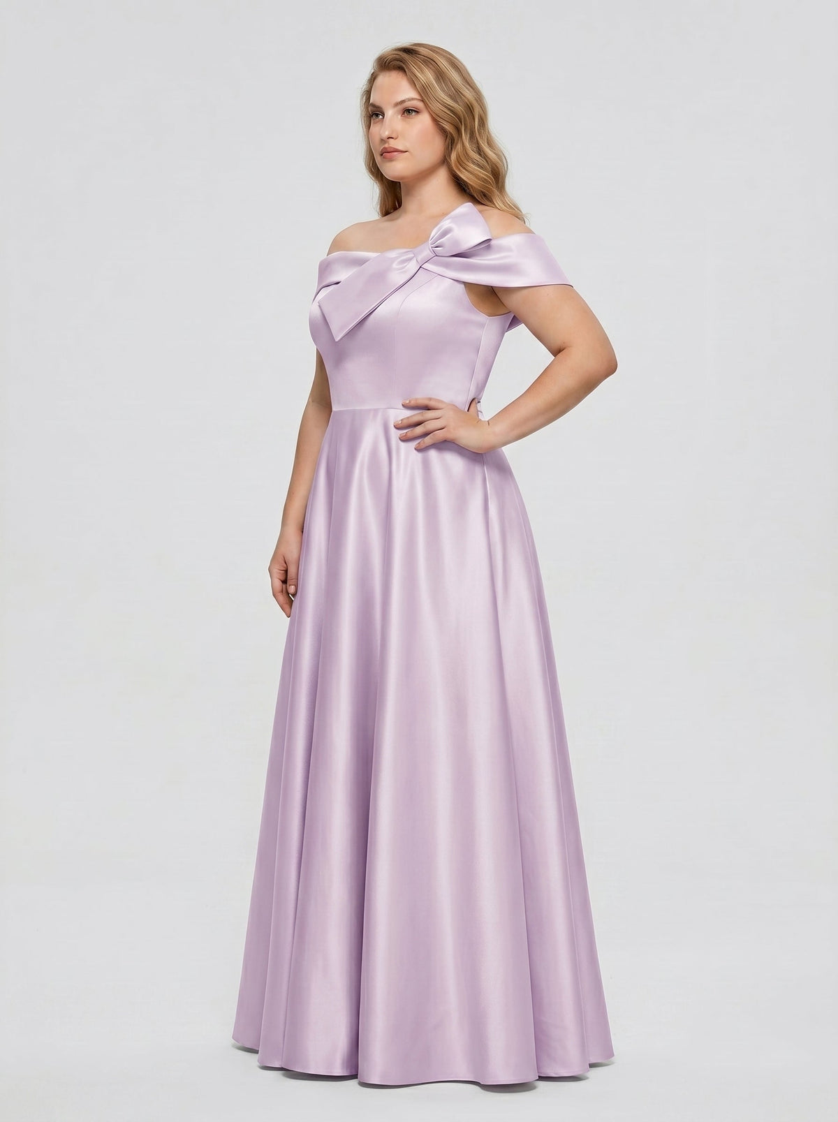 Lilac Satin A-Line Off-the-Shoulder Back Zip Floor-Length Plus Size Bridesmaid Dress - Curvevia