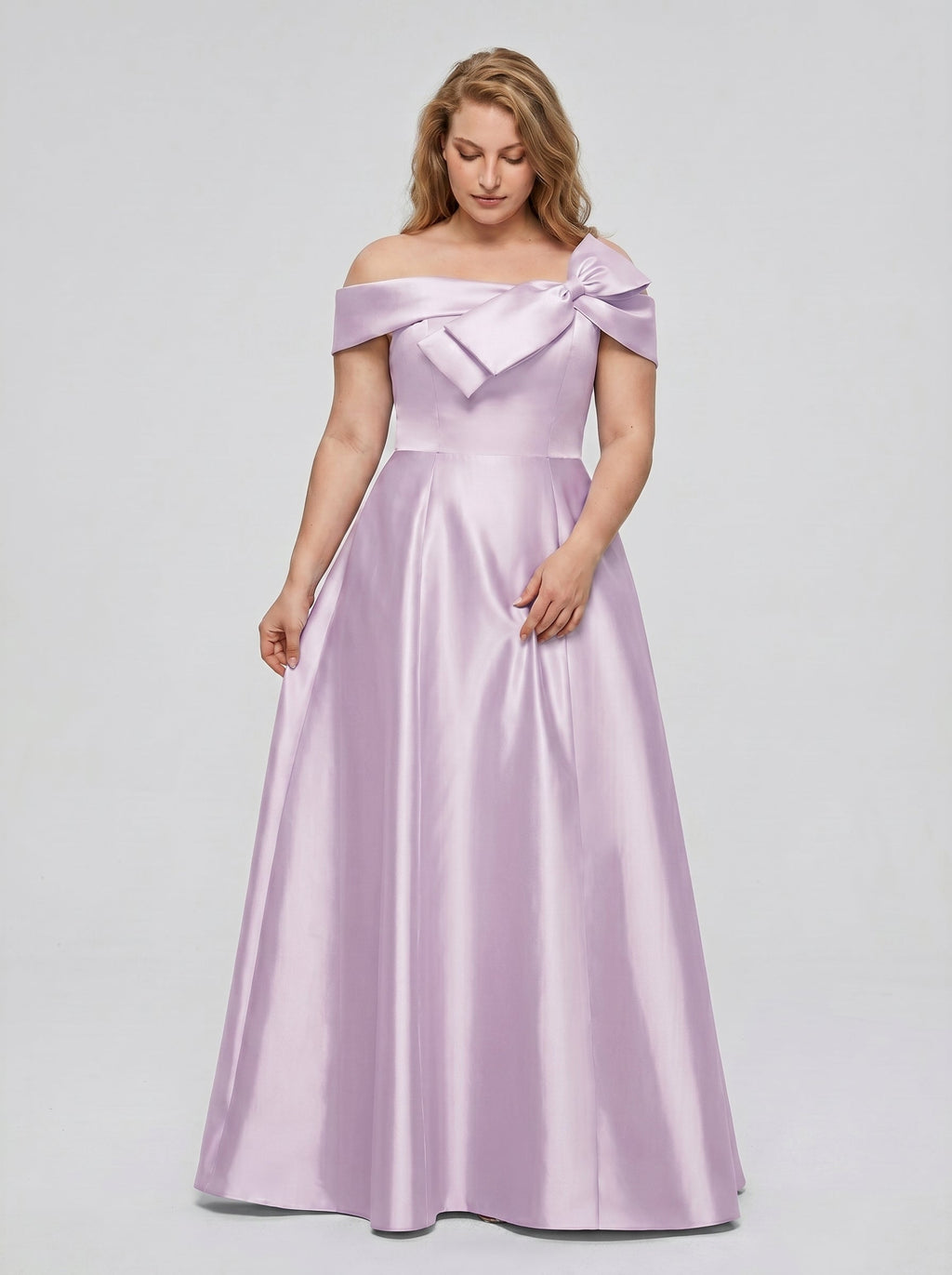 Lilac Satin A-Line Off-the-Shoulder Back Zip Floor-Length Plus Size Bridesmaid Dress - Curvevia