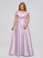 Lilac Satin A-Line Off-the-Shoulder Back Zip Floor-Length Plus Size Bridesmaid Dress - Curvevia