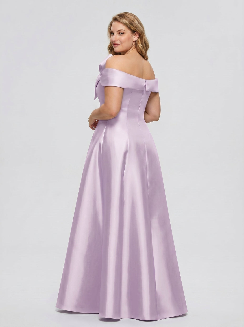 Lilac Satin A-Line Off-the-Shoulder Back Zip Floor-Length Plus Size Bridesmaid Dress - Curvevia