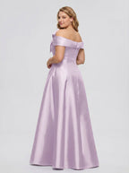 Lilac Satin A-Line Off-the-Shoulder Back Zip Floor-Length Plus Size Bridesmaid Dress - Curvevia