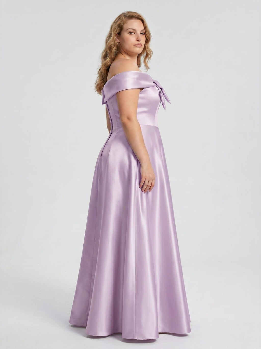 Lilac Satin A-Line Off-the-Shoulder Back Zip Floor-Length Plus Size Bridesmaid Dress - Curvevia