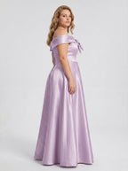 Lilac Satin A-Line Off-the-Shoulder Back Zip Floor-Length Plus Size Bridesmaid Dress - Curvevia