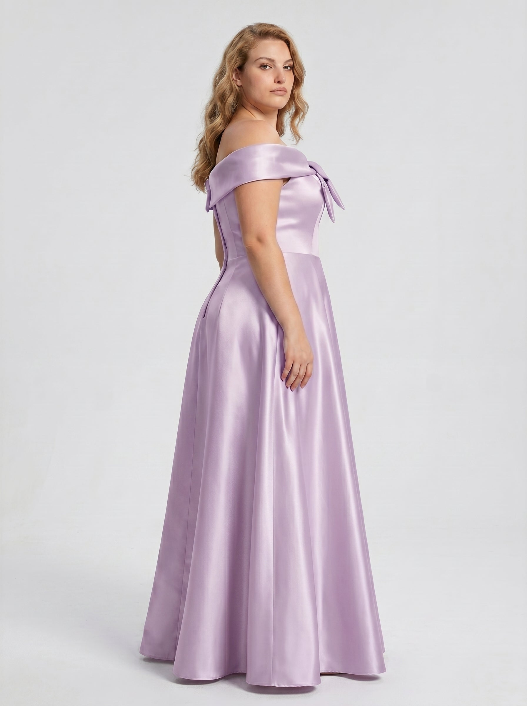 Lilac Satin A-Line Off-the-Shoulder Back Zip Floor-Length Plus Size Bridesmaid Dress - Curvevia