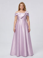 Lilac Satin A-Line Off-the-Shoulder Back Zip Floor-Length Plus Size Bridesmaid Dress - Curvevia
