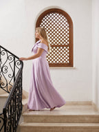 Lilac Satin A-Line Off-the-Shoulder Back Zip Floor-Length Plus Size Bridesmaid Dress - Curvevia