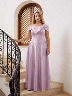 Lilac Satin A-Line Off-the-Shoulder Back Zip Floor-Length Plus Size Bridesmaid Dress - Curvevia