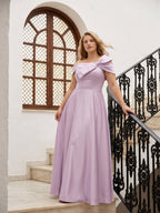 Lilac Satin A-Line Off-the-Shoulder Back Zip Floor-Length Plus Size Bridesmaid Dress - Curvevia