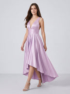 Lilac Satin A-Line V-Neck Backless Asymmetrical Bridesmaid Dress - Curvevia