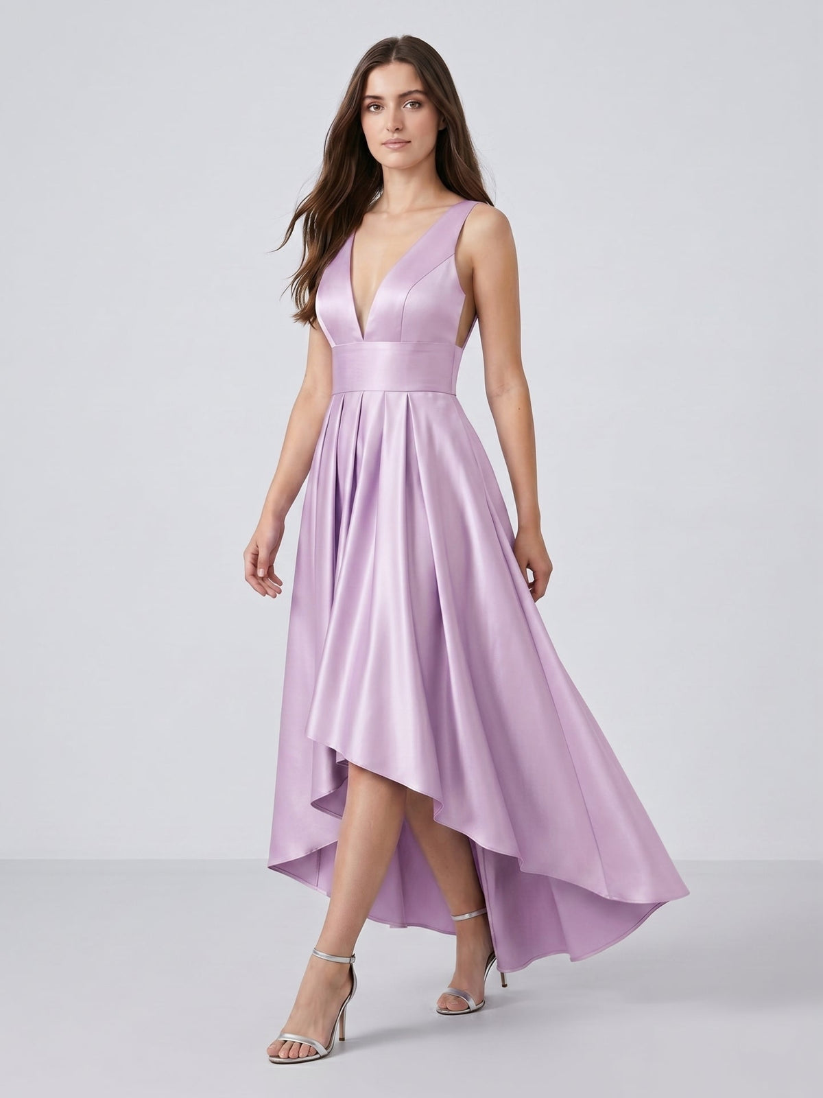 Lilac Satin A-Line V-Neck Backless Asymmetrical Bridesmaid Dress - Curvevia