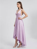 Lilac Satin A-Line V-Neck Backless Asymmetrical Bridesmaid Dress - Curvevia