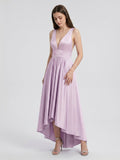 Lilac Satin A-Line V-Neck Backless Asymmetrical Bridesmaid Dress - Curvevia
