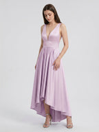 Lilac Satin A-Line V-Neck Backless Asymmetrical Bridesmaid Dress - Curvevia