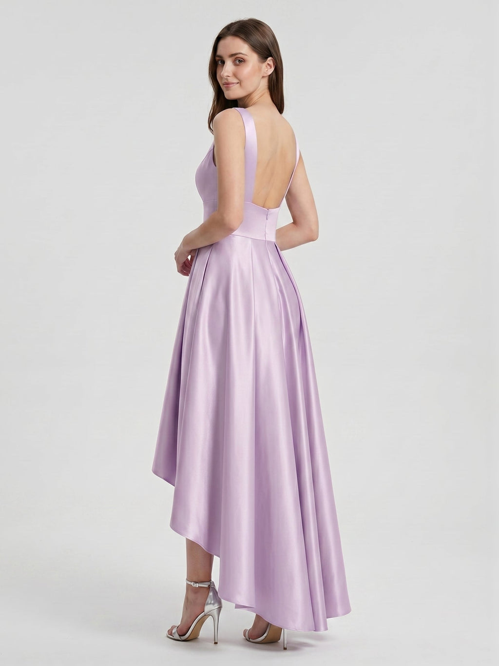 Lilac Satin A-Line V-Neck Backless Asymmetrical Bridesmaid Dress - Curvevia