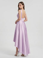 Lilac Satin A-Line V-Neck Backless Asymmetrical Bridesmaid Dress - Curvevia