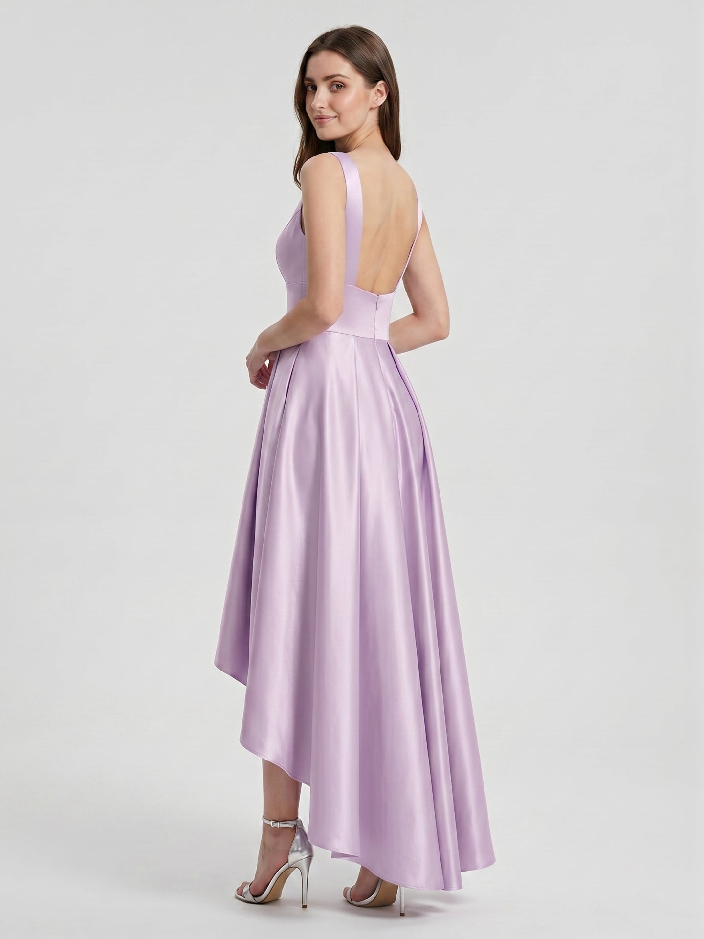 Lilac Satin A-Line V-Neck Backless Asymmetrical Bridesmaid Dress - Curvevia