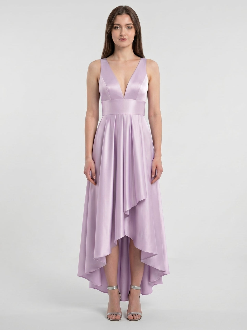 Lilac Satin A-Line V-Neck Backless Asymmetrical Bridesmaid Dress - Curvevia