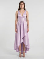 Lilac Satin A-Line V-Neck Backless Asymmetrical Bridesmaid Dress - Curvevia