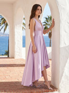 Lilac Satin A-Line V-Neck Backless Asymmetrical Bridesmaid Dress - Curvevia