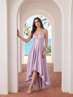 Lilac Satin A-Line V-Neck Backless Asymmetrical Bridesmaid Dress - Curvevia