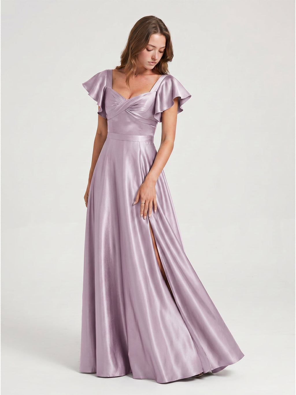 Lilac Satin A-Line V-Neck Bow Floor-Length Bridesmaid Dress - Curvevia