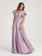 Lilac Satin A-Line V-Neck Bow Floor-Length Bridesmaid Dress - Curvevia