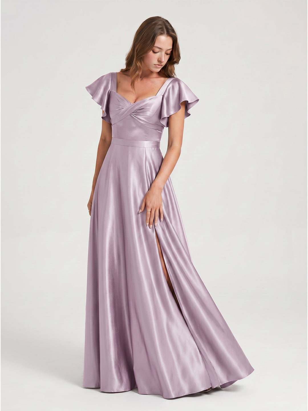 Lilac Satin A-Line V-Neck Bow Floor-Length Bridesmaid Dress - Curvevia