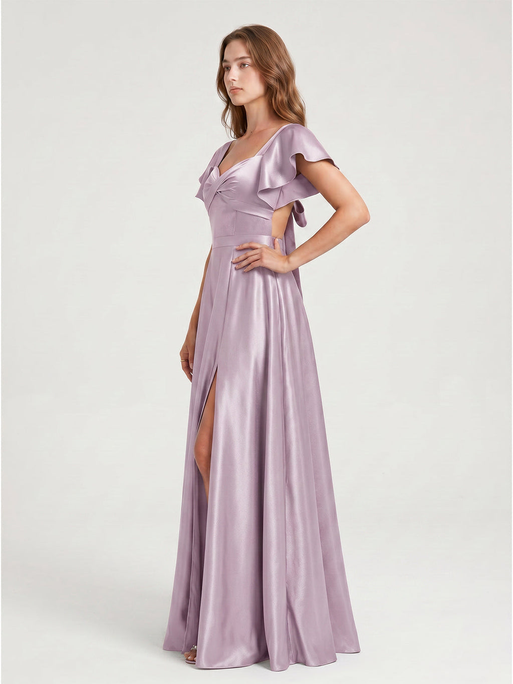 Lilac Satin A-Line V-Neck Bow Floor-Length Bridesmaid Dress - Curvevia