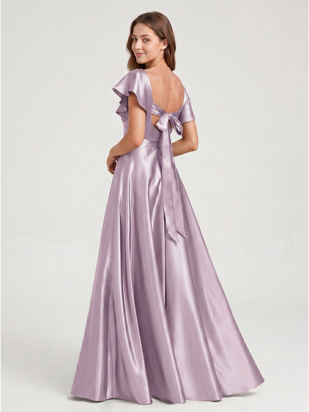 Lilac Satin A-Line V-Neck Bow Floor-Length Bridesmaid Dress - Curvevia