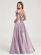Lilac Satin A-Line V-Neck Bow Floor-Length Bridesmaid Dress - Curvevia