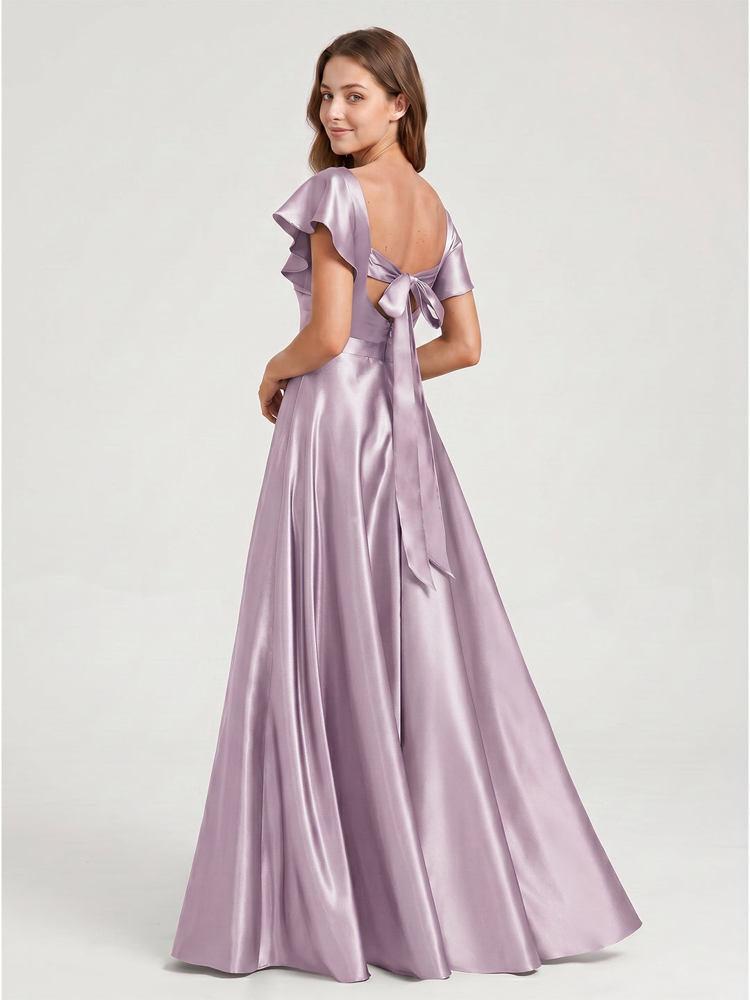 Lilac Satin A-Line V-Neck Bow Floor-Length Bridesmaid Dress - Curvevia