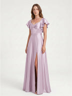 Lilac Satin A-Line V-Neck Bow Floor-Length Bridesmaid Dress - Curvevia