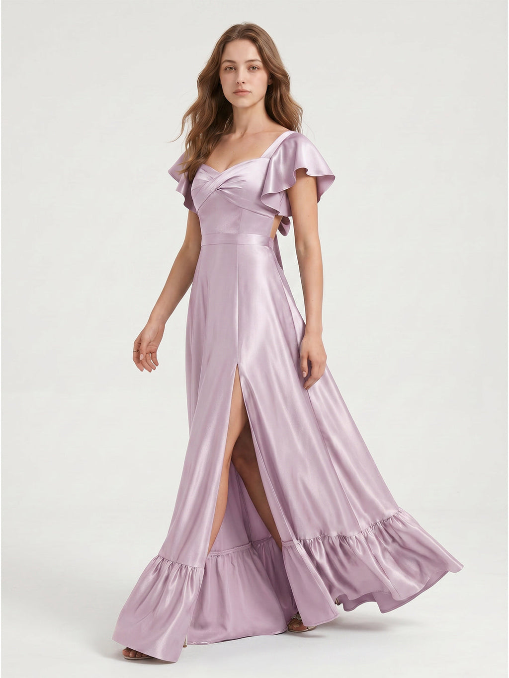 Lilac Satin A-Line V-Neck Bow Floor-Length Bridesmaid Dress - Curvevia
