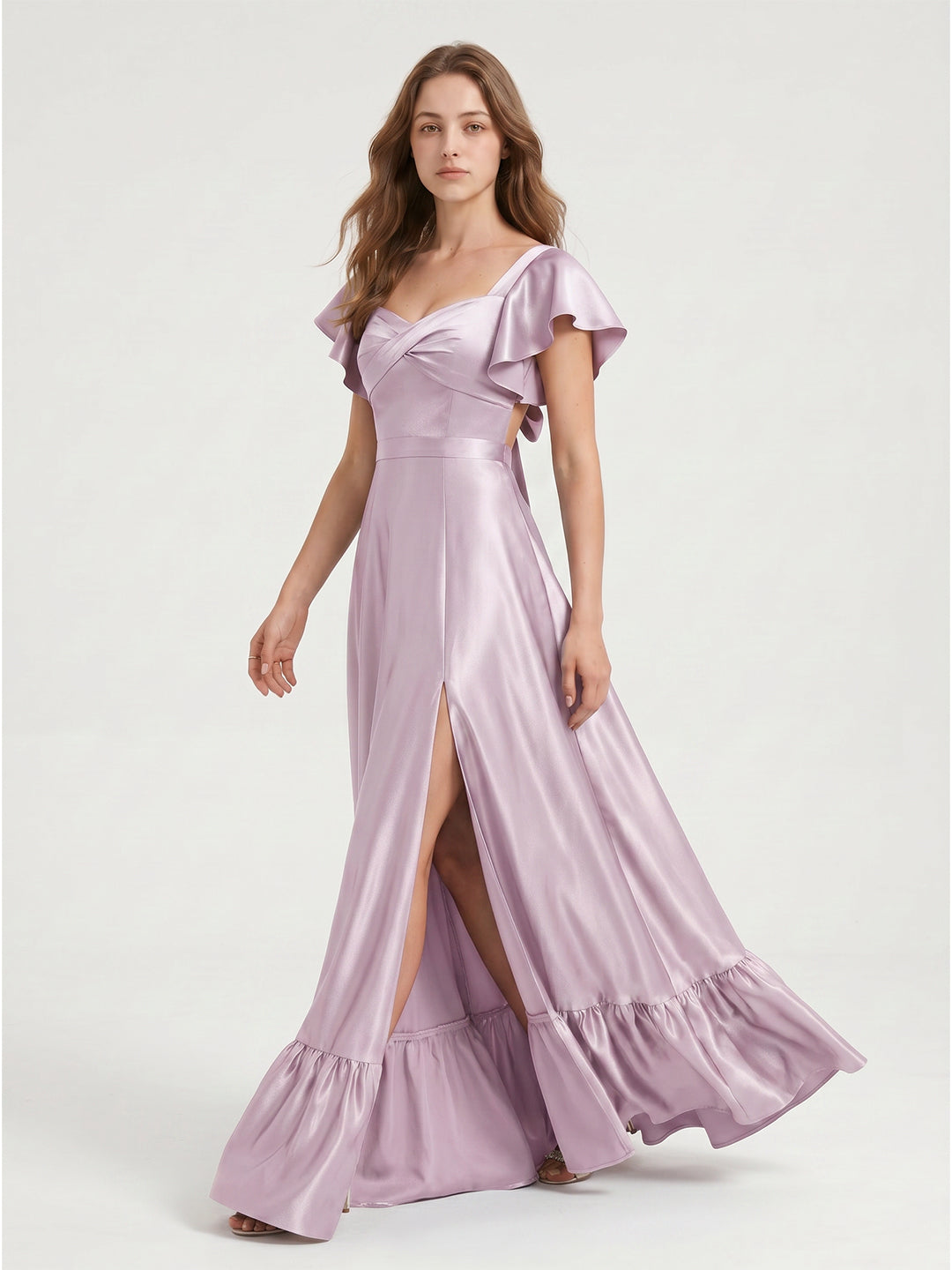 Lilac Satin A-Line V-Neck Bow Floor-Length Bridesmaid Dress - Curvevia