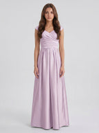 Lilac Satin A-Line V-Neck V-Back Floor-Length Bridesmaid Dress - Curvevia