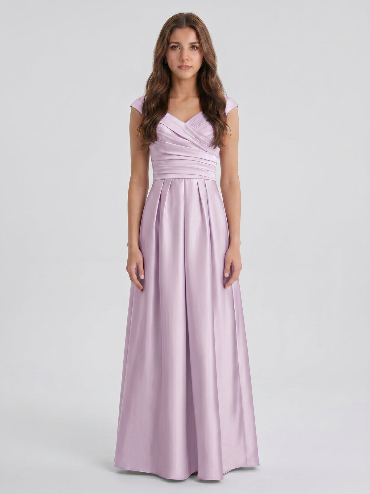 Lilac Satin A-Line V-Neck V-Back Floor-Length Bridesmaid Dress - Curvevia